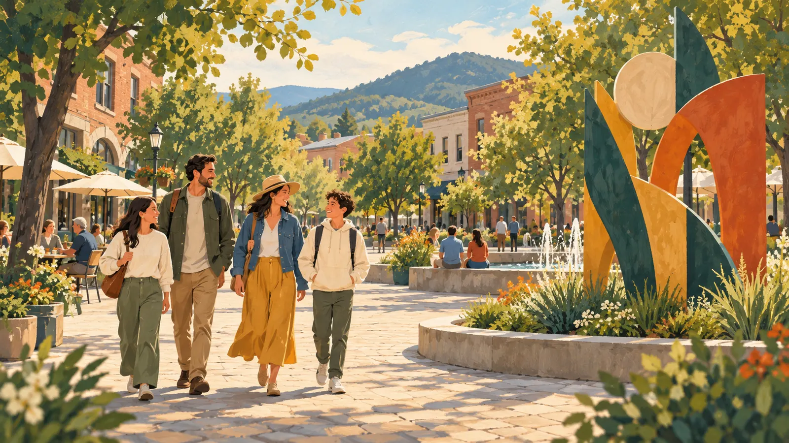 Editorial illustration of friends exploring a leafy town square with abstract outdoor art
