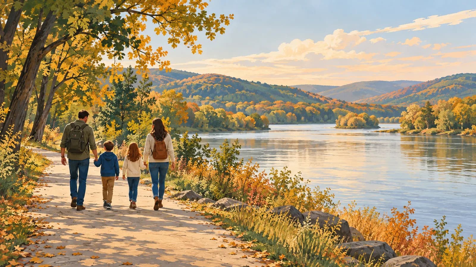 Editorial illustration of a family walking beside a river under autumn trees