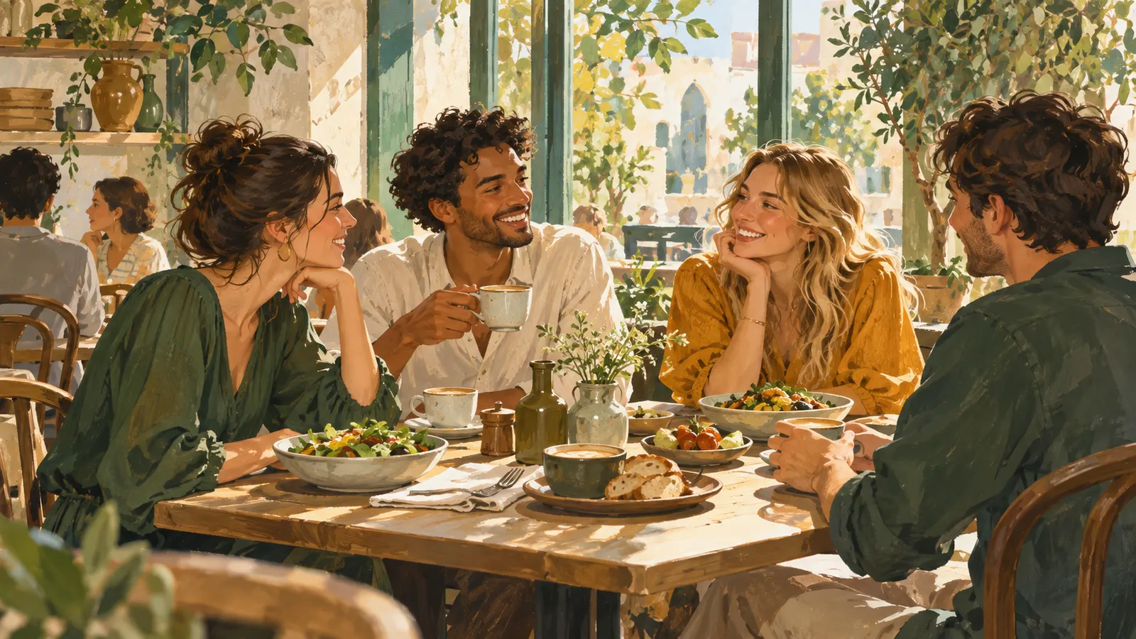 Editorial illustration of friends sharing lunch and coffee in a sunny cafe